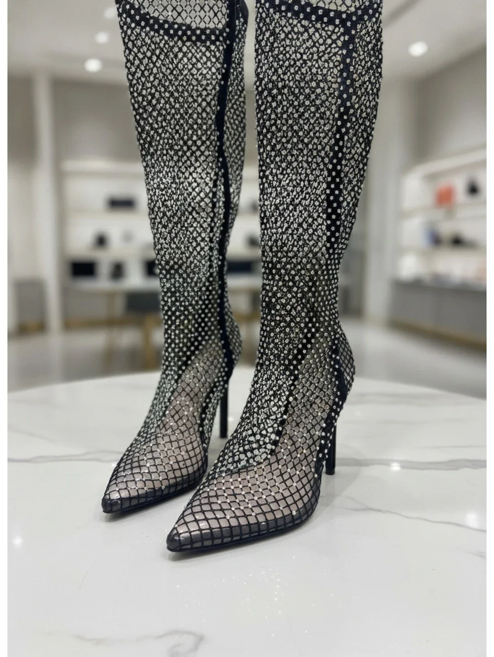 Black Rhinestone Mesh Ankle Boots Women's Size 8 Pointed Toe Stiletto Booties